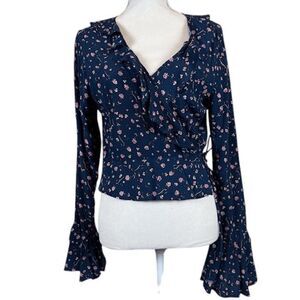 Cleobella Blue Floral Ruffle Wrap Flamenco Bell Sleeve Blouse Size Medium